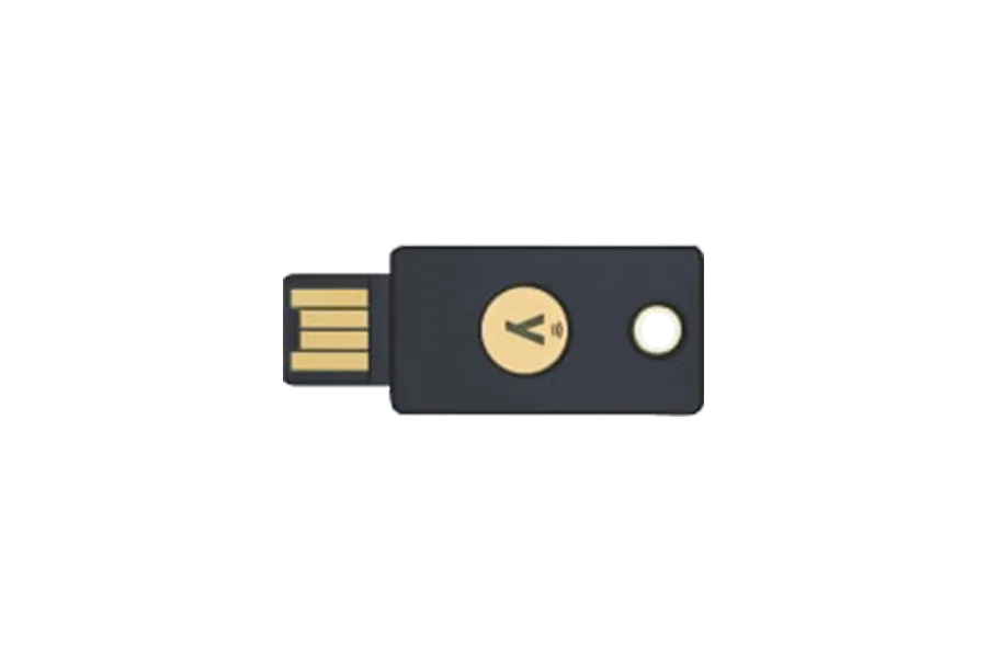 YubiKey 5 NFC hardware security key with USB contacts and a touch sensor